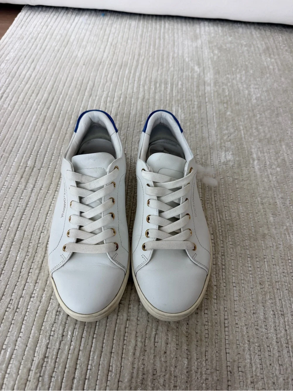 Men's Dolce & Gabbana White Leather Casual Sneakers with Blue Heel Accent